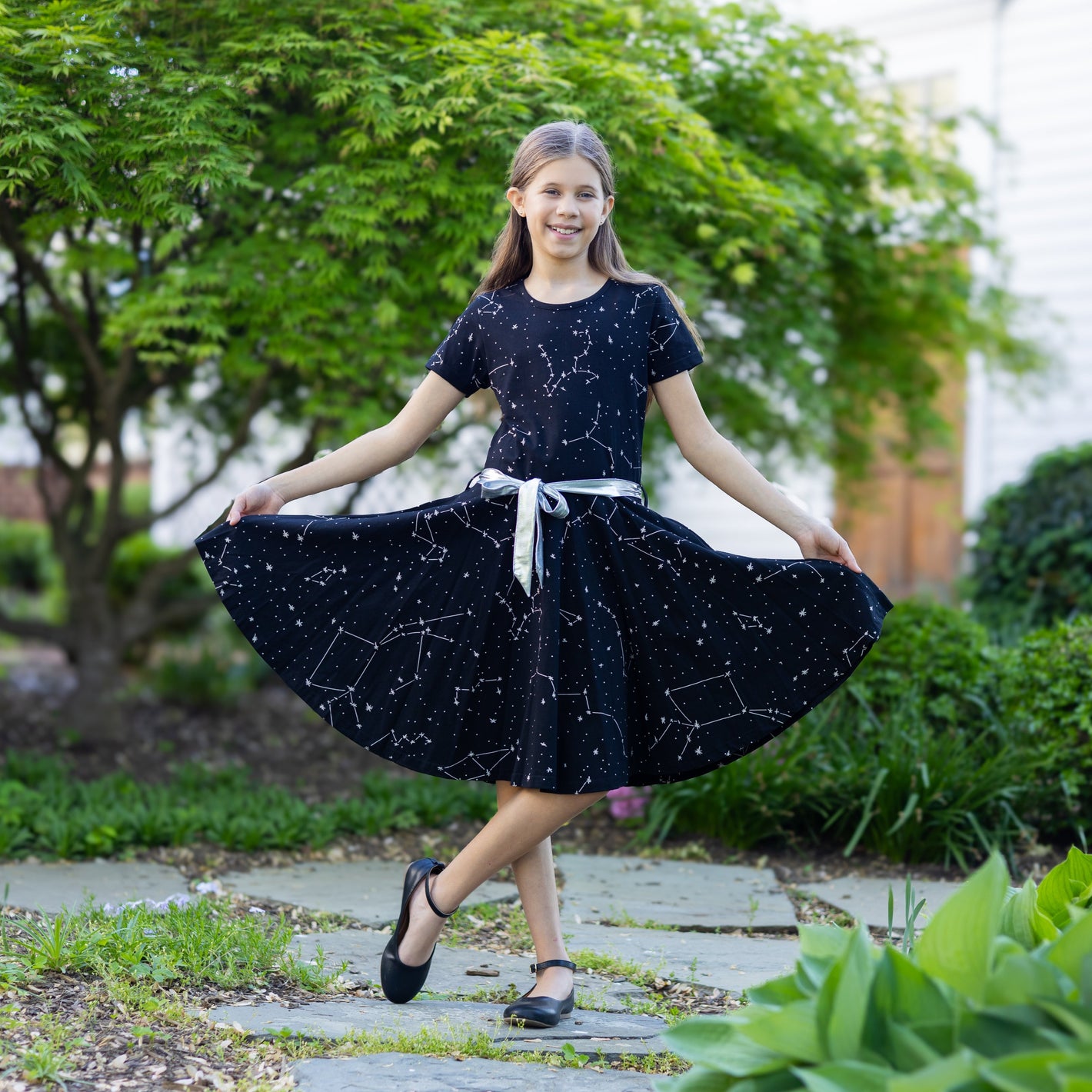 Constellations Glow-in-the-Dark Short Sleeve Kids Twirl Dress