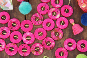 Magenta Tribal Donut: Hand Painted Beads, 25mm, 8 pieces
