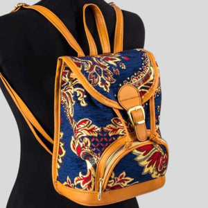 Authentic Kilim Fabric Woven Design Backpack Purse with Handles, Turkish Carpet, Beach Bag, Tote, Reusable Shopping Bag -- Blue/Red/Yellow