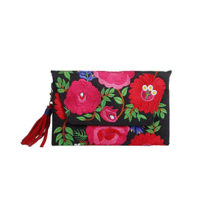 Fiesta Hmong Embroidered Leather Tassel Envelope Clutch Bag - Thailand