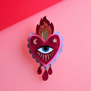 Flaming Heart Statement Brooch by Cherryloco - Red Pink
