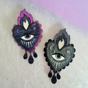 Flaming BLACK Heart Statement Brooch by Cherryloco