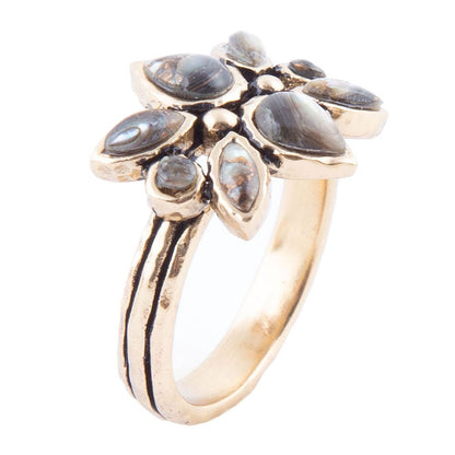 Floral Blue Abalone Golden Bronze Ring