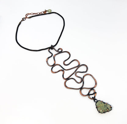 Abstract Copper and Prehnite Glyph Statement Necklace