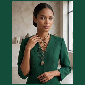 Abstract Copper and Prehnite Glyph Statement Necklace