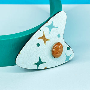 Aqua Atomic Boomerang Brooch with Goldstone