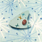 Aqua Atomic Boomerang Brooch with Goldstone