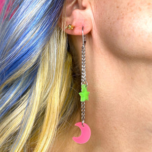 Limited Edition! Moon and Star Dangle Earrings in Glow-in-the-Dark Pink & Green
