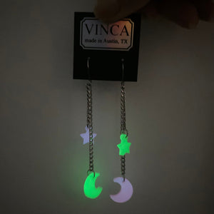 Limited Edition! Moon and Star Dangle Earrings in Glow-in-the-Dark Pink & Green