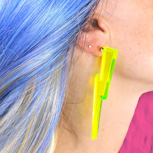 Chunky Statement Lightning Bolt Earrings in Black Light Reactive Clear Green