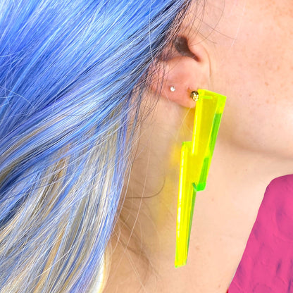 Chunky Statement Lightning Bolt Earrings in Black Light Reactive Clear Green
