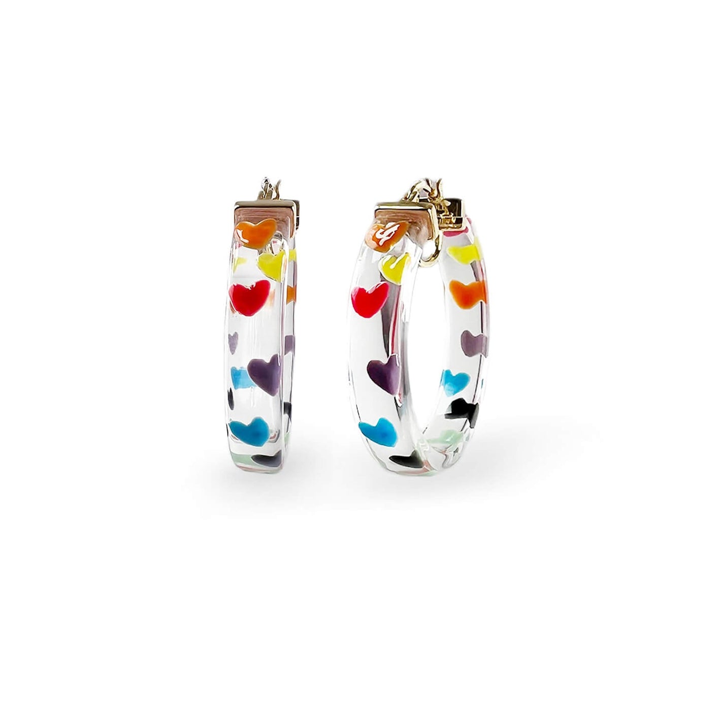 Flat Lucite Hoop Earrings with Rainbow Hearts