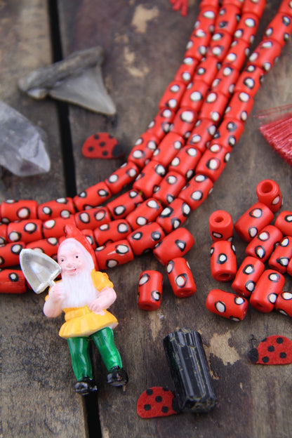 White Dotted Tubes: Hand Painted Red Bone Beads, 7x13mm, 16 pieces