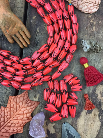 Coral Tribal Geometric Tulip: Hand Carved Bone Beads, 9x12mm, 16 pieces