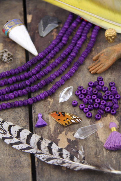 Purple Grooved Melon: Hand Carved Bone Beads, 7x4mm, 40 pieces