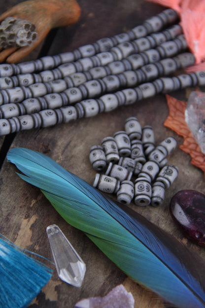 Grey Tribal Target Bone Beads: 8x12mm, 16 pieces
