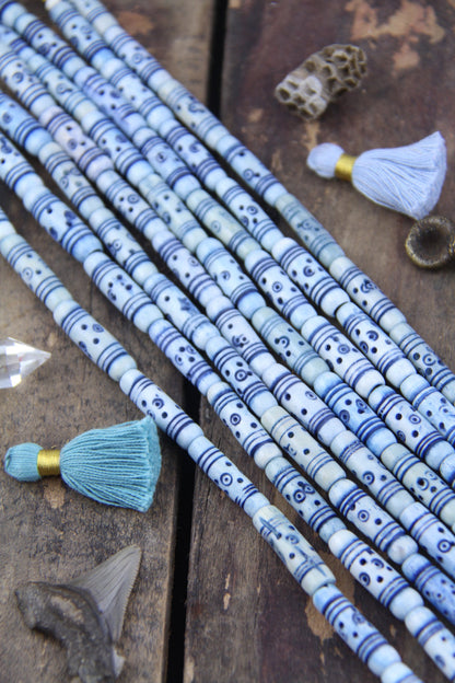 Denim Airy Blue Tribal Target Tube: Carved Bone Beads, 7x25mm, 9 pieces