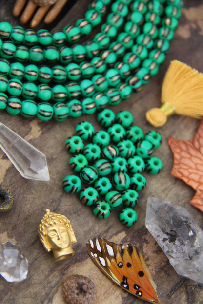 Golden Watermelon: Hand Painted Green, Black & Gold Bone Beads, 8x6mm, 31 pieces