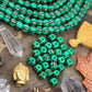 Golden Watermelon: Hand Painted Green, Black & Gold Bone Beads, 8x6mm, 31 pieces