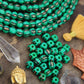 Golden Watermelon: Hand Painted Green, Black & Gold Bone Beads, 8x6mm, 31 pieces