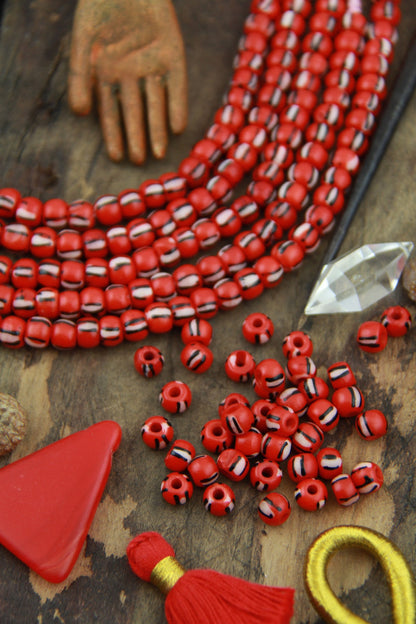 Red Watermelon: Black & White Striped Bone Beads, 6x5mm, 39 pieces