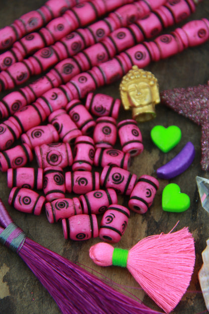 Pink Tribal Target: Handmade Barrel Bone Beads : 8x12mm, 21 pcs