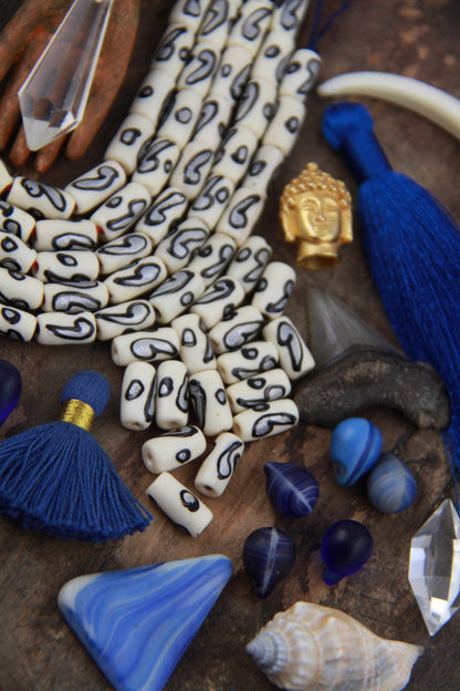 Silver Black Cream Comma Tube: Painted Bone Beads, 6x12mm, 16 pieces