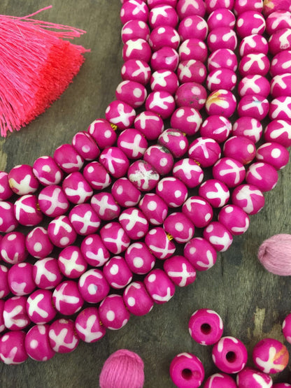 Pink & Cream Painted Rondelle Bone Beads, 6x4mm, X.X. Pattern