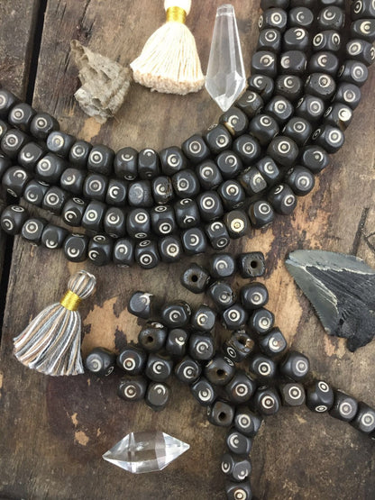 Black Cubed Bullseye: Hand Carved Bone Beads, 8x7mm,  27 pieces