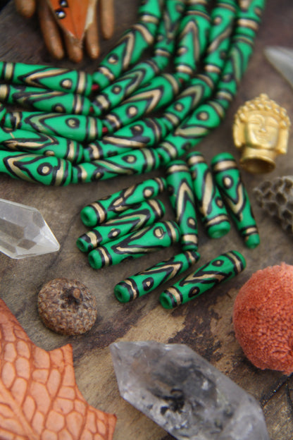 Green Black Gold Teardrop: Painted Bone Beads, 6x25mm, 8 pieces