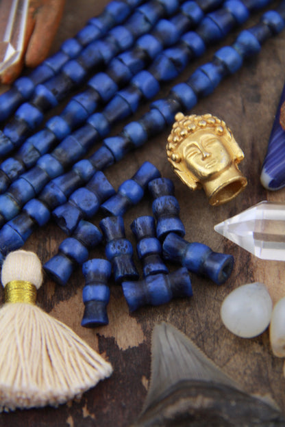 Indigo Hour Glass Barrel: Hand Carved Bone Beads, 6x14mm, 15 pieces