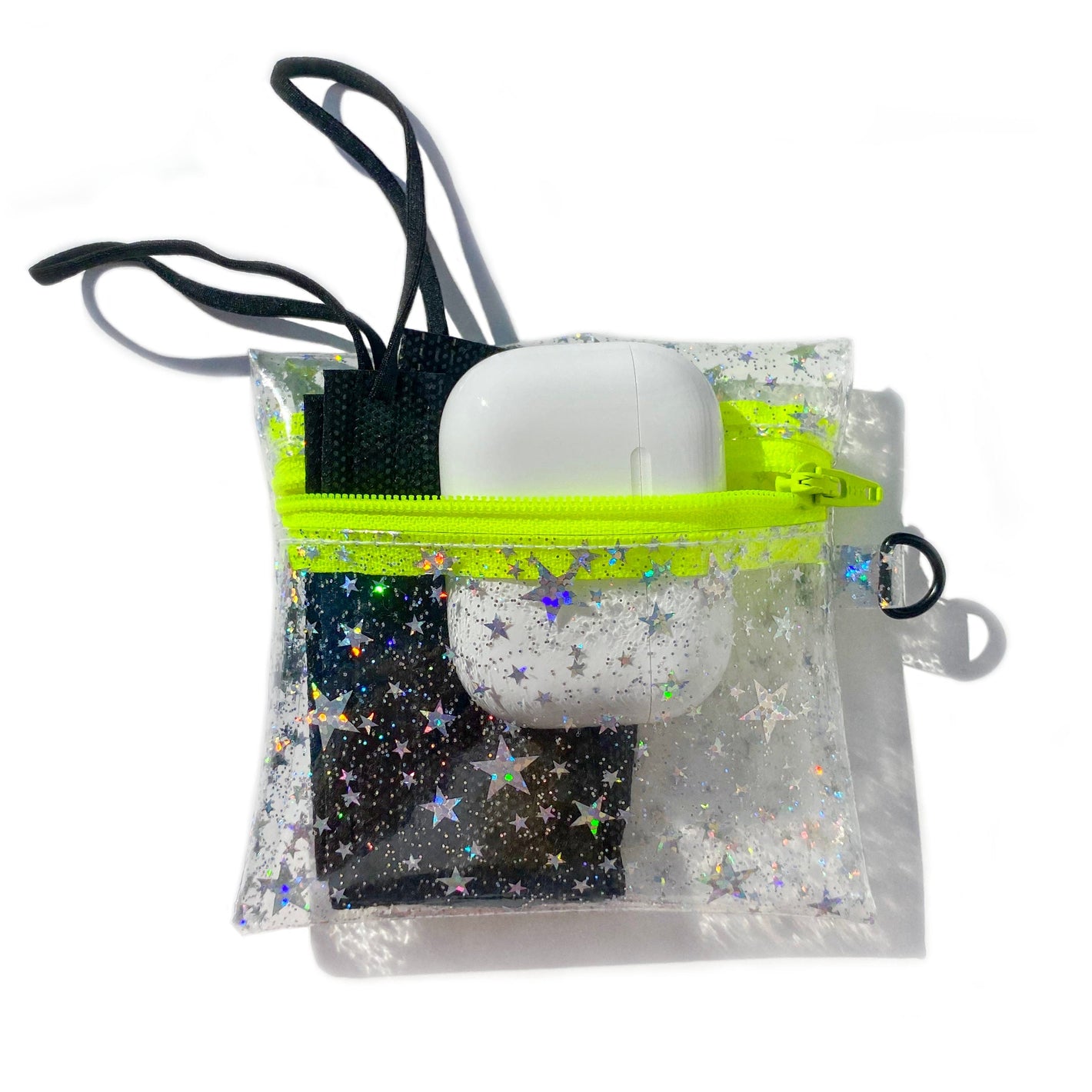 Clear Glitter Stars Coin Pouch | neon yellow zipper
