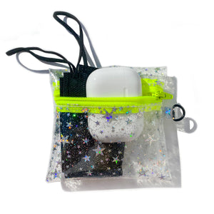Clear Glitter Stars Coin Pouch | neon yellow zipper