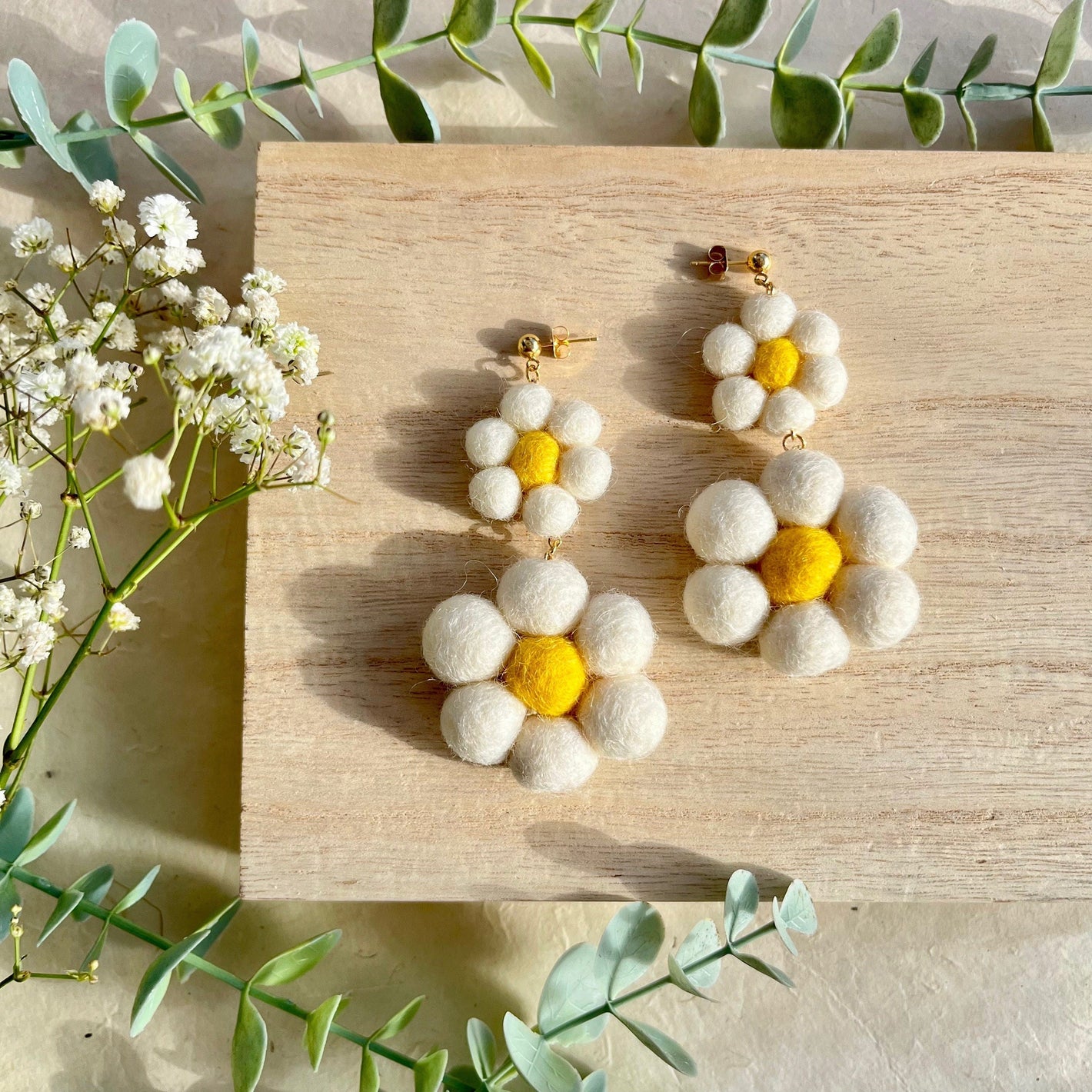 White Daisy Dangle Felt Earrings