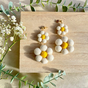 White Daisy Dangle Felt Earrings
