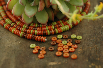 Retro Mix: Orange, Brown, Green Bone Beads, 5x2mm, 18" strand