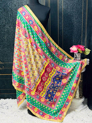 Crape silk multi color dupatta | mirror work dupatta