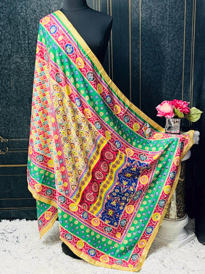 Crape silk multi color dupatta | mirror work dupatta