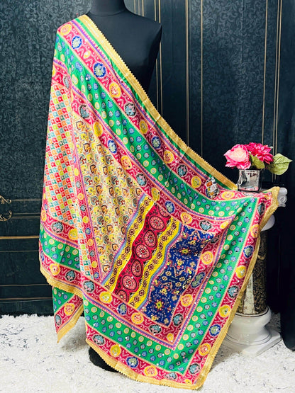 Crape silk multi color dupatta | mirror work dupatta
