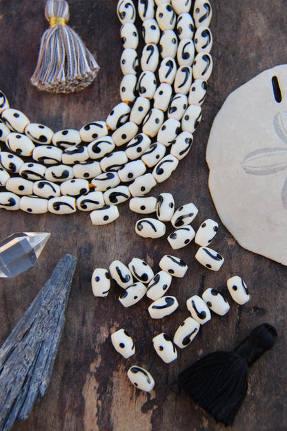 Comma Barrel: Black & White Hand Painted Bone Beads, 6x8mm, 22 pieces