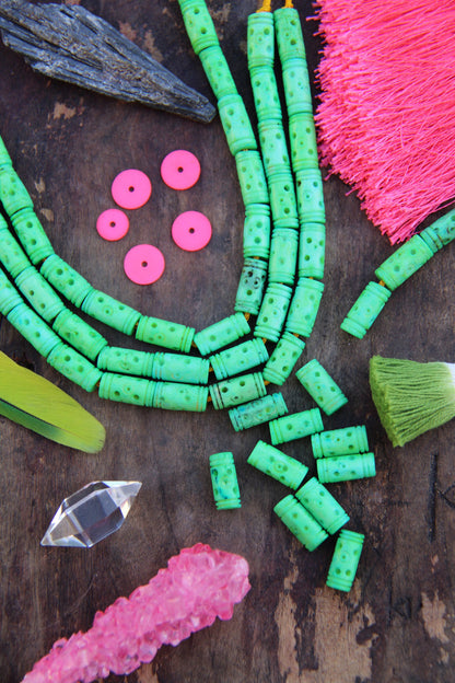 Spring Green Barrel: Handmade Bone Beads, 6x13mm, 15 pieces