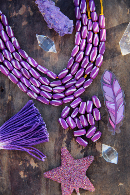 Purple Slant: Hand Painted Barrel Bone Beads, 7x13mm, 16 pieces