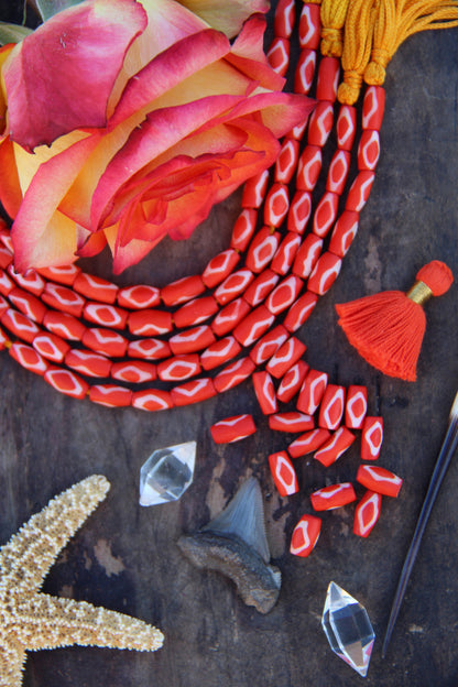 Orange & White Diamond Tube: Handmade Bone Beads, 7x13mm, 16 pieces