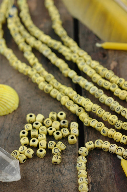 Yellow Tumbling Dice: Hand Carved Bone Beads, 5x5mm, 48 pieces