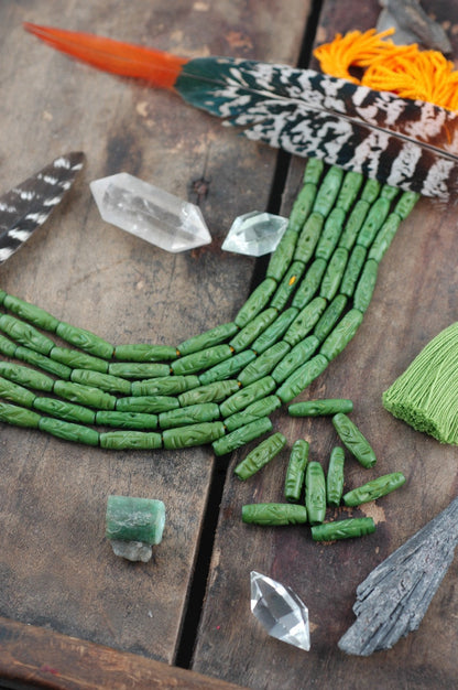 Forest Green: Hand Carved Bone Beads, 5x19mm, 10 pieces