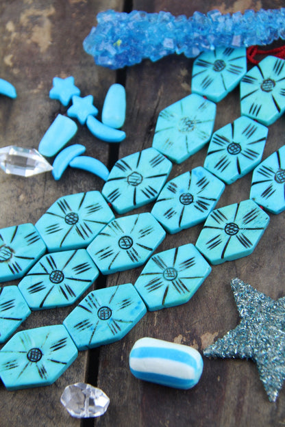 Turquoise Hexagon: Blue Bone Beads, 24x30mm, 6 pieces