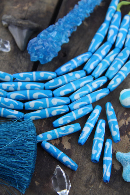 Double Comma Tube: Aqua Hand Painted Bone Beads, 7x36mm, 6 pieces