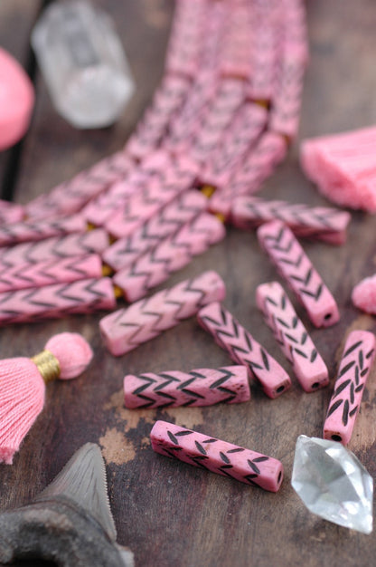 Pastel Pink Chevron Rectangle: Bone Beads, 6x28mm, 8 pieces