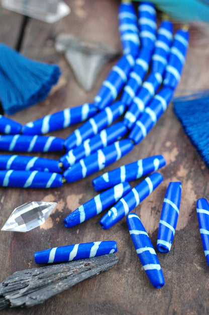 Diagonal Striped Tube: Royal Blue Bone Beads, 8x35mm, 6 pieces
