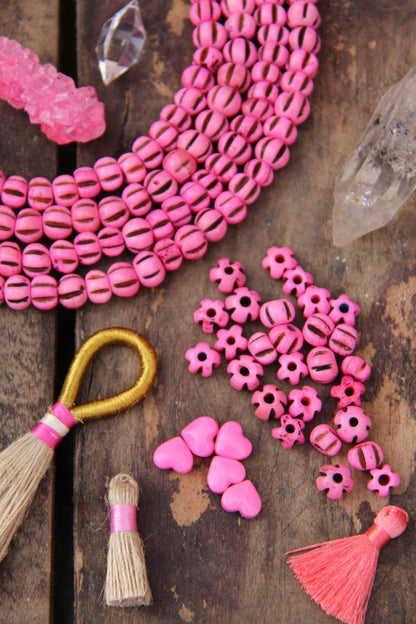Pink & Black Melon: Hand Carved Bone Beads, 10x8mm, 26 pieces
